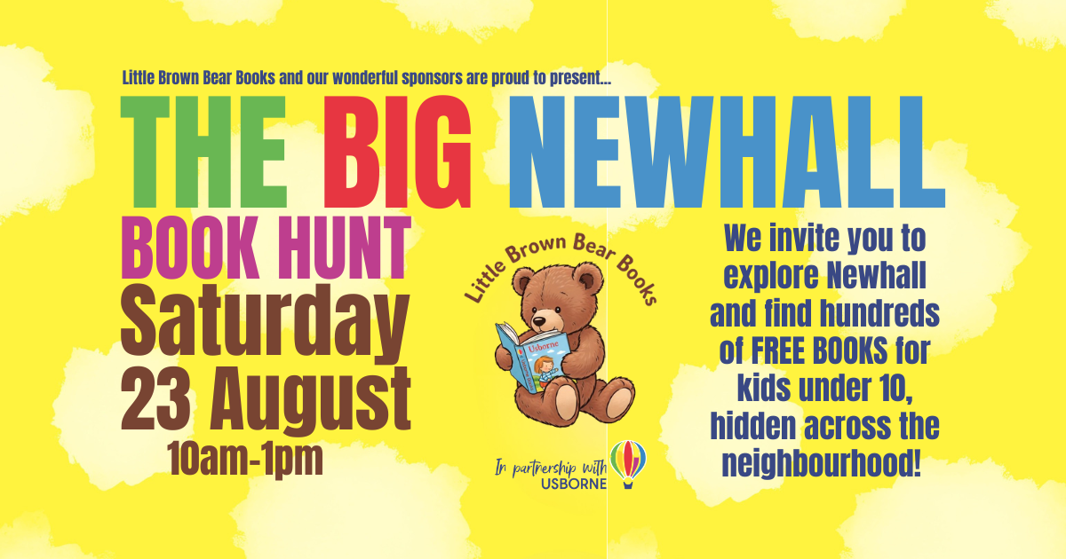 Poster showing a little brown bear reading an Usborne book. Promoting The Big Newhall Book Hunt on 23.08.25.